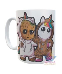 Taza Baby Groot Unicornio Abrazo Amigos Cerámica